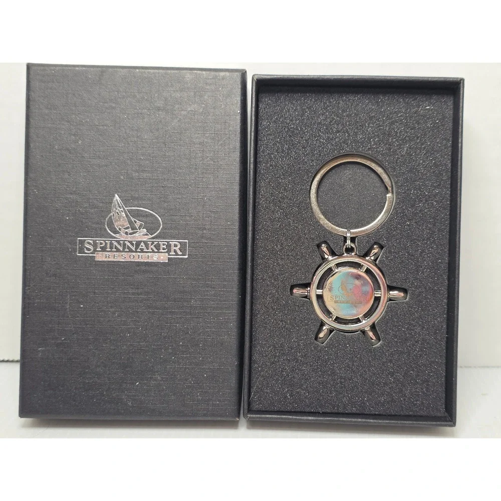 Spinnaker Resorts Ship Wheel Keychain Metal w Box Nautical Souvenir
